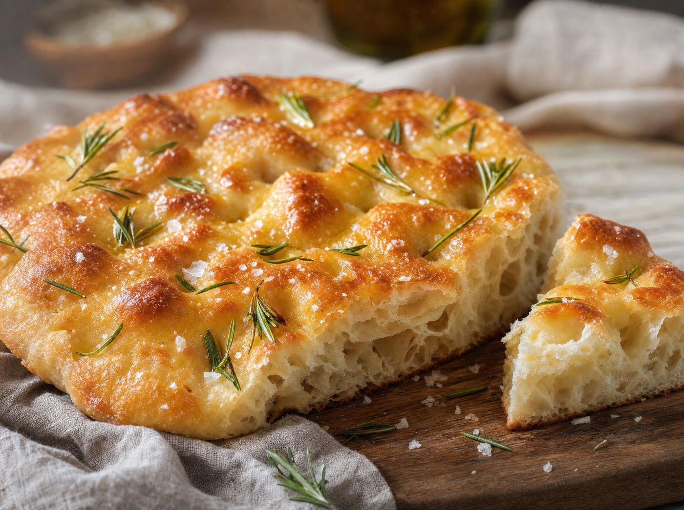 Rustic focaccia bread with rosemary and sea salt