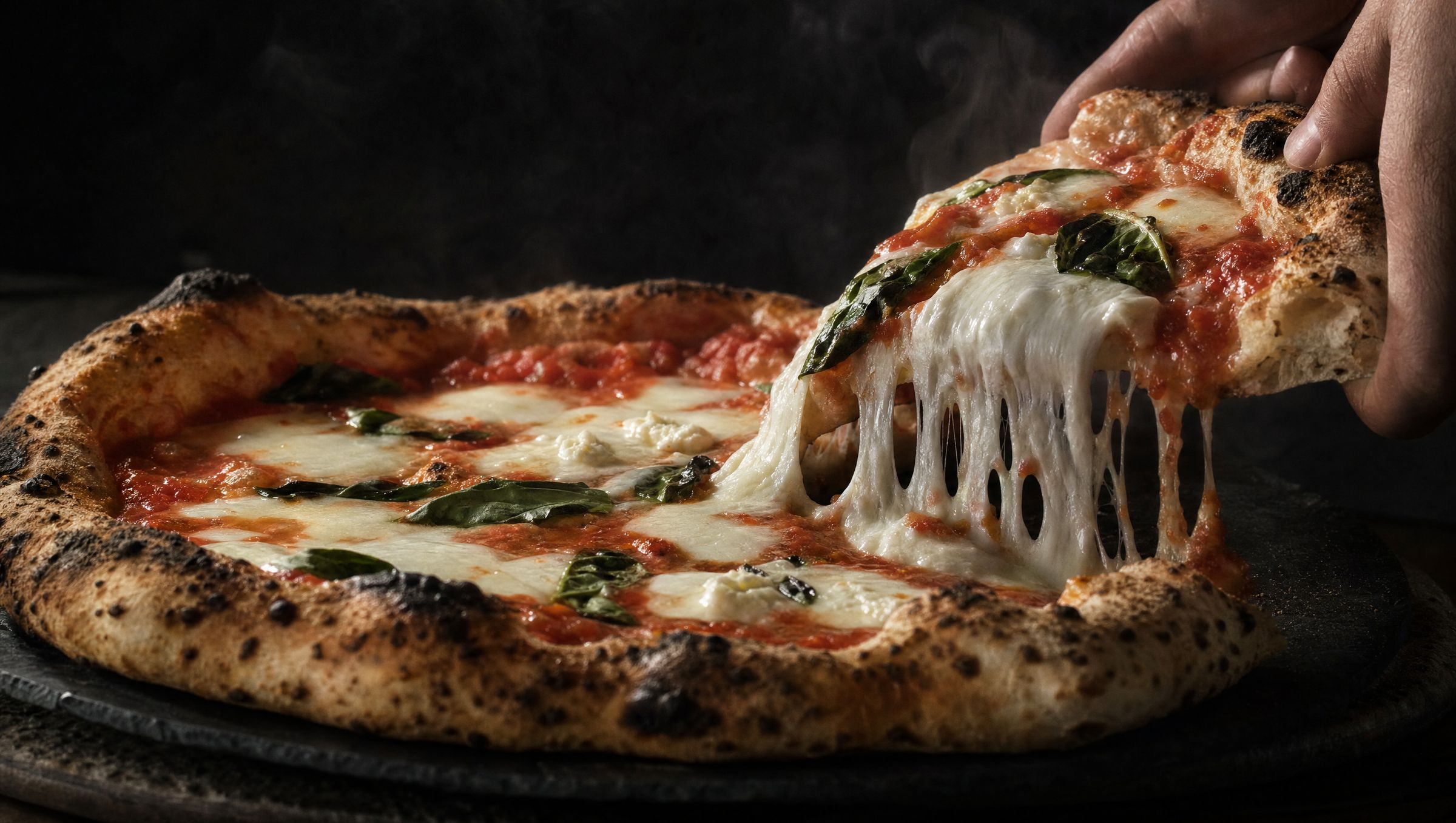Wood-fired Bufalina pizza with melted buffalo mozzarella and fresh basil, fresh from the oven