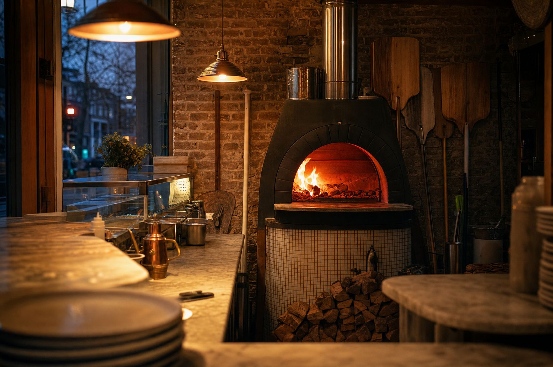 The wood-fired oven inside Fabrizio's 2Go, glowing with amber light