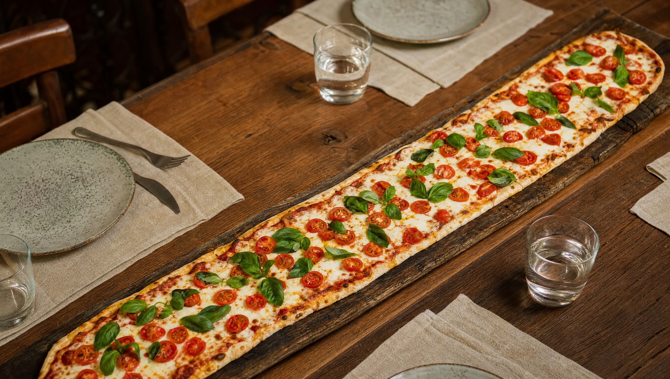 A full one-metre-long pizza on a wooden board, topped with mozzarella, cherry tomatoes and basil