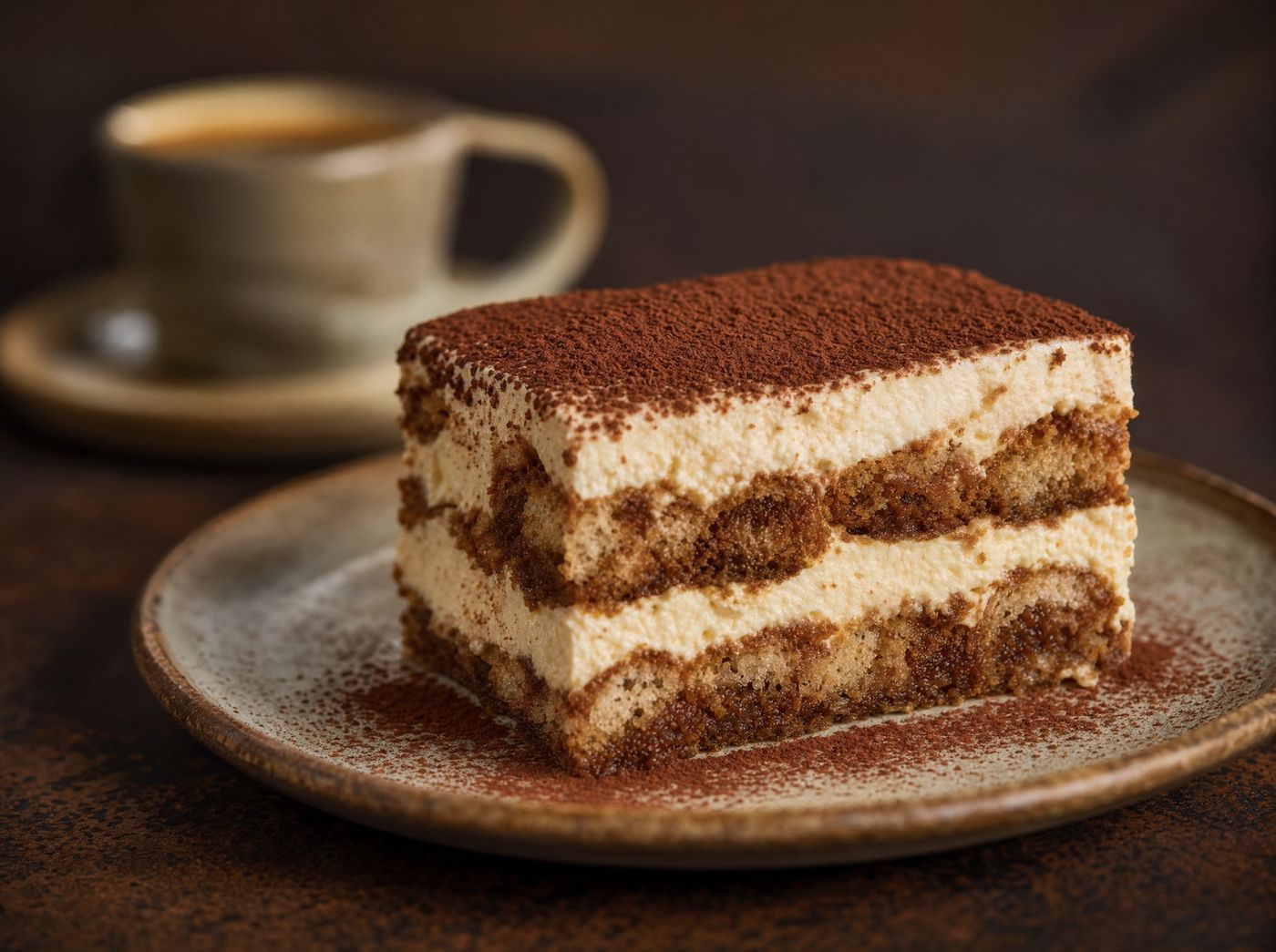 Classic tiramisu slice dusted with cocoa powder